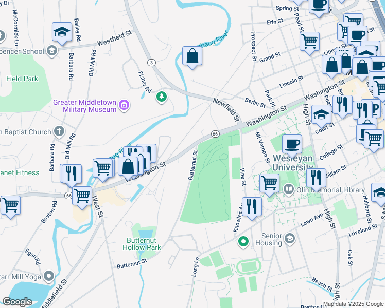 map of restaurants, bars, coffee shops, grocery stores, and more near 25 Butternut Street in Middletown