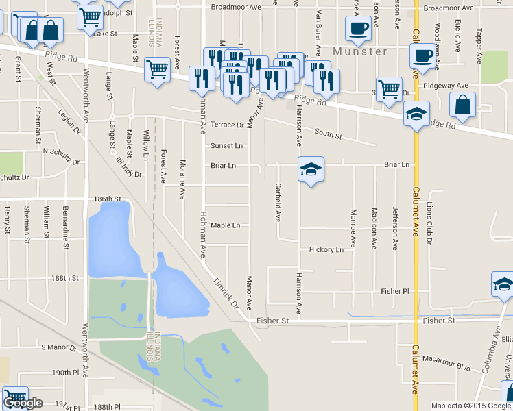 map of restaurants, bars, coffee shops, grocery stores, and more near 8551 Manor Avenue in Munster