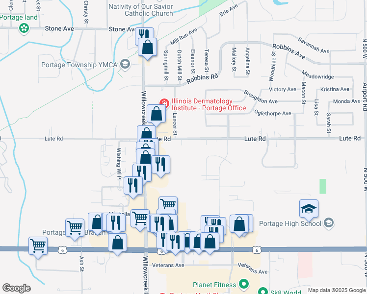 map of restaurants, bars, coffee shops, grocery stores, and more near Denise Drive in Portage