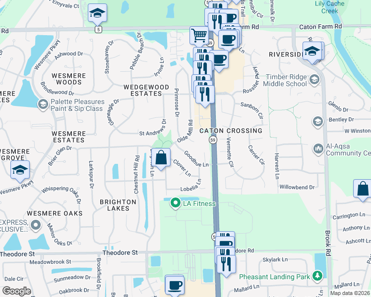 map of restaurants, bars, coffee shops, grocery stores, and more near 4821 Goodhue Lane in Plainfield