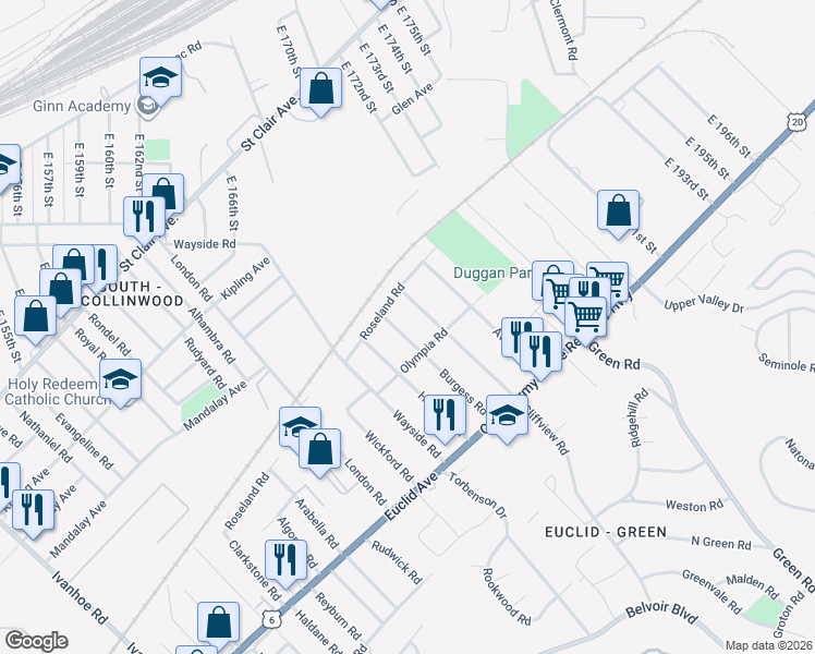 map of restaurants, bars, coffee shops, grocery stores, and more near 1668 Cliffview Road in Cleveland