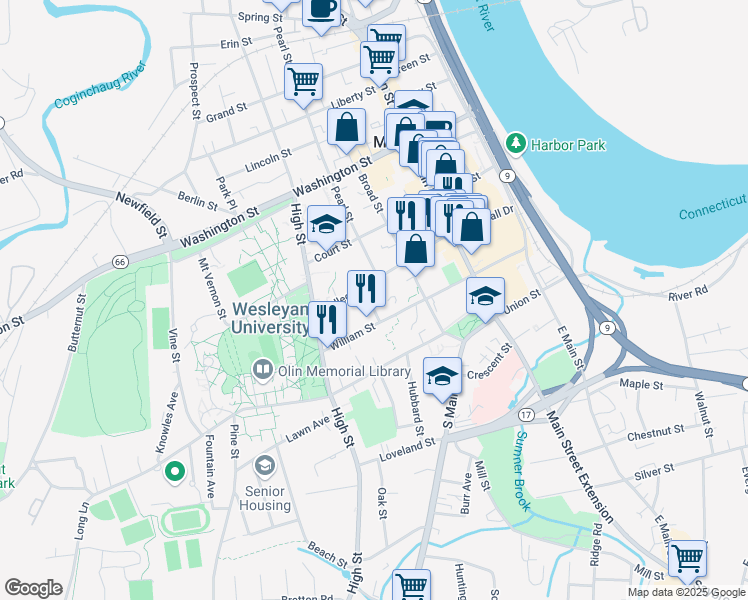 map of restaurants, bars, coffee shops, grocery stores, and more near 56 Hamlin Street in Middletown