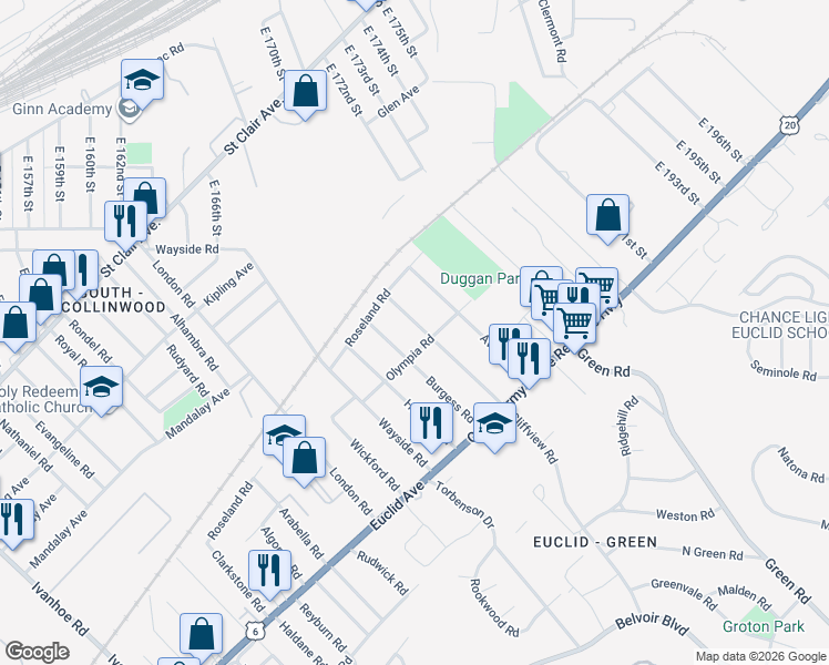 map of restaurants, bars, coffee shops, grocery stores, and more near 1668 Cliffview Road in Cleveland