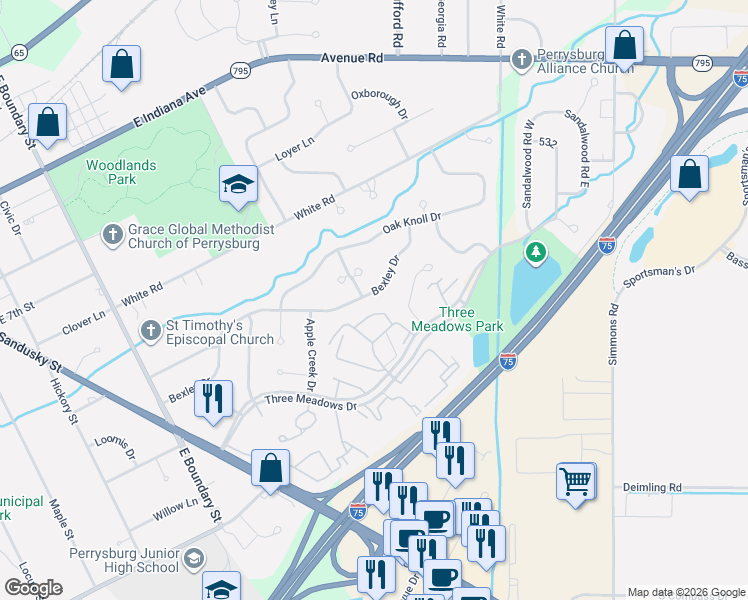 map of restaurants, bars, coffee shops, grocery stores, and more near 936 Bexley Drive in Perrysburg