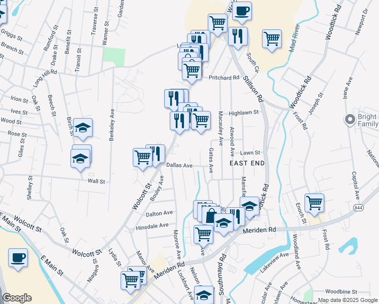 map of restaurants, bars, coffee shops, grocery stores, and more near 67 Dallas Terrace in Waterbury