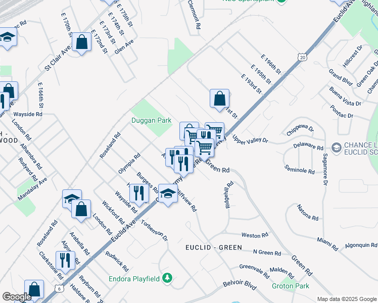 map of restaurants, bars, coffee shops, grocery stores, and more near 18235 Euclid Avenue in Cleveland