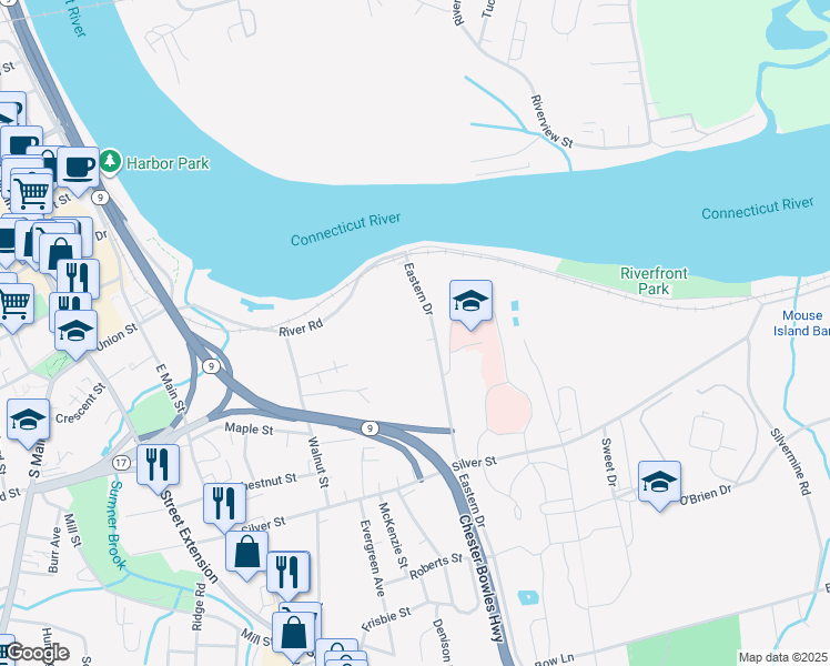 map of restaurants, bars, coffee shops, grocery stores, and more near 87 Eastern Drive in Middletown