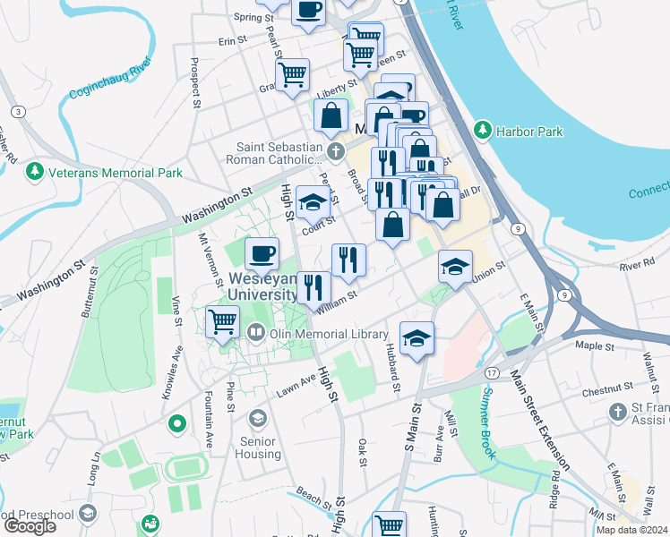 map of restaurants, bars, coffee shops, grocery stores, and more near 216 College Street in Middletown