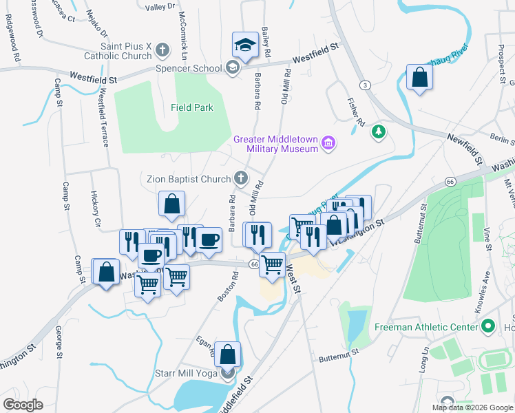 map of restaurants, bars, coffee shops, grocery stores, and more near 100 Old Mill Road in Middletown