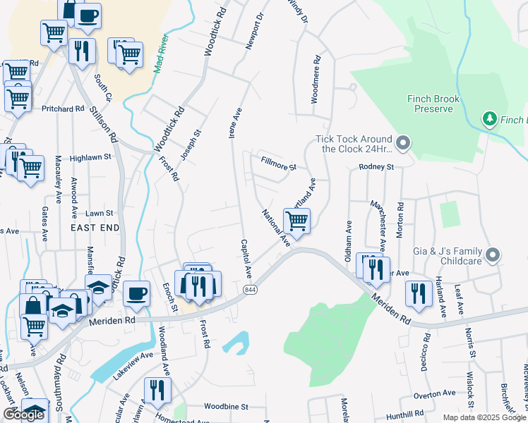 map of restaurants, bars, coffee shops, grocery stores, and more near 114 Coral Drive in Waterbury
