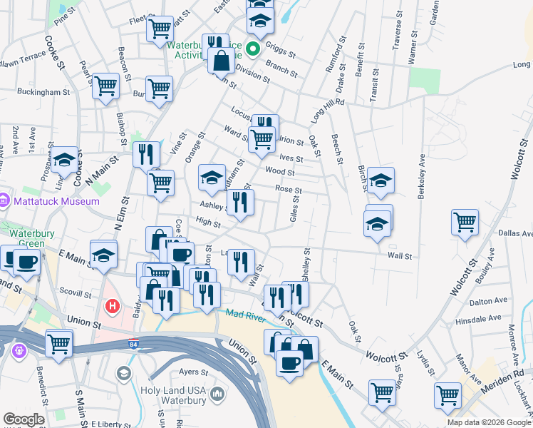 map of restaurants, bars, coffee shops, grocery stores, and more near 37 Vermont Street in Waterbury