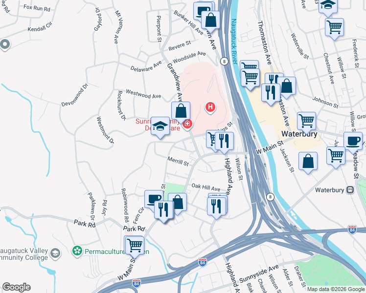 map of restaurants, bars, coffee shops, grocery stores, and more near 159 Robbins Street in Waterbury