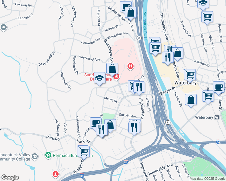 map of restaurants, bars, coffee shops, grocery stores, and more near 159 Robbins Street in Waterbury