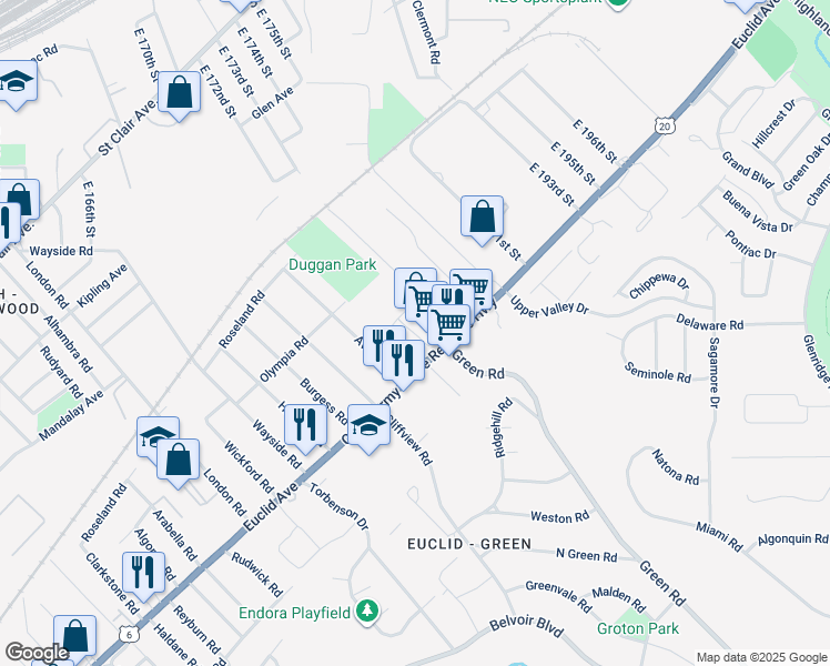 map of restaurants, bars, coffee shops, grocery stores, and more near 18235 Euclid Avenue in Cleveland