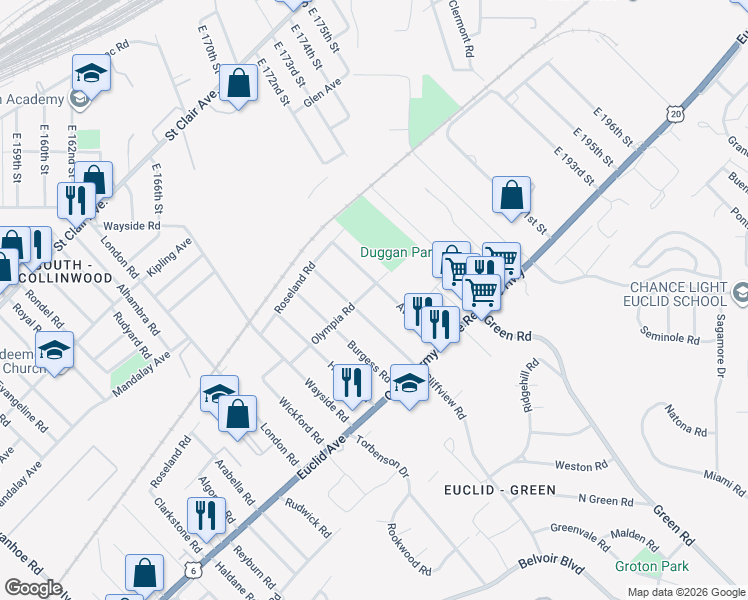 map of restaurants, bars, coffee shops, grocery stores, and more near in Cleveland