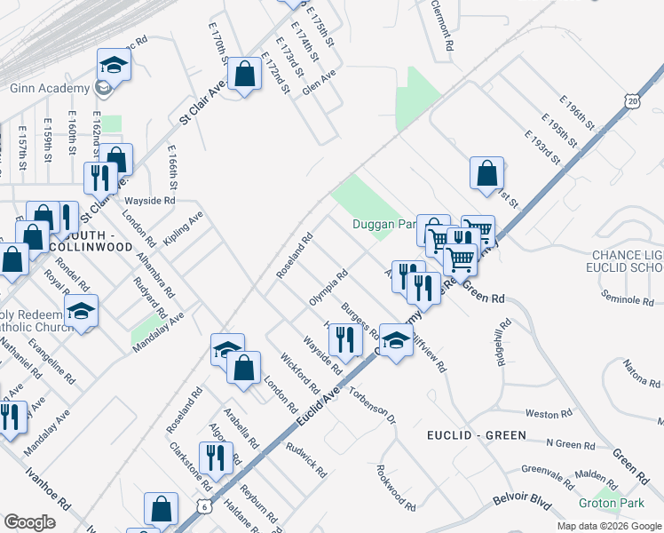 map of restaurants, bars, coffee shops, grocery stores, and more near 1668 Cliffview Road in Cleveland