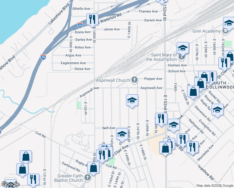 map of restaurants, bars, coffee shops, grocery stores, and more near 828 East 144th Street in Cleveland