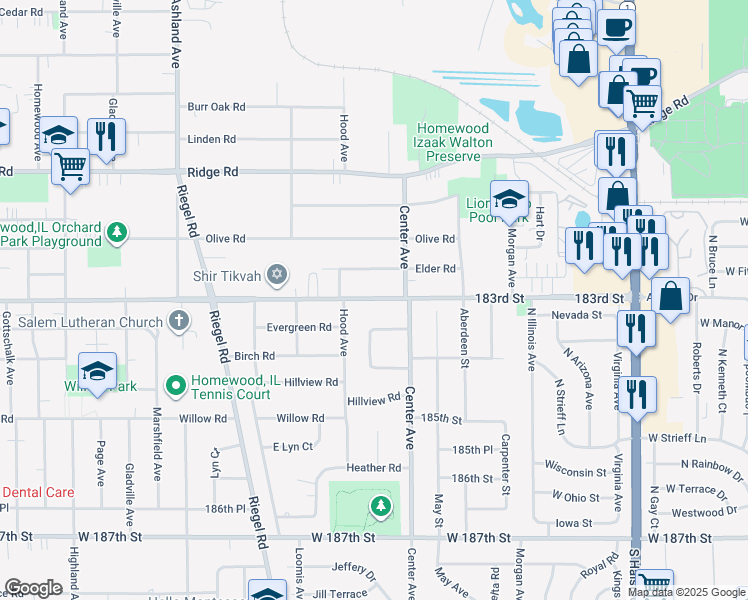map of restaurants, bars, coffee shops, grocery stores, and more near 1252 183rd Street in Homewood