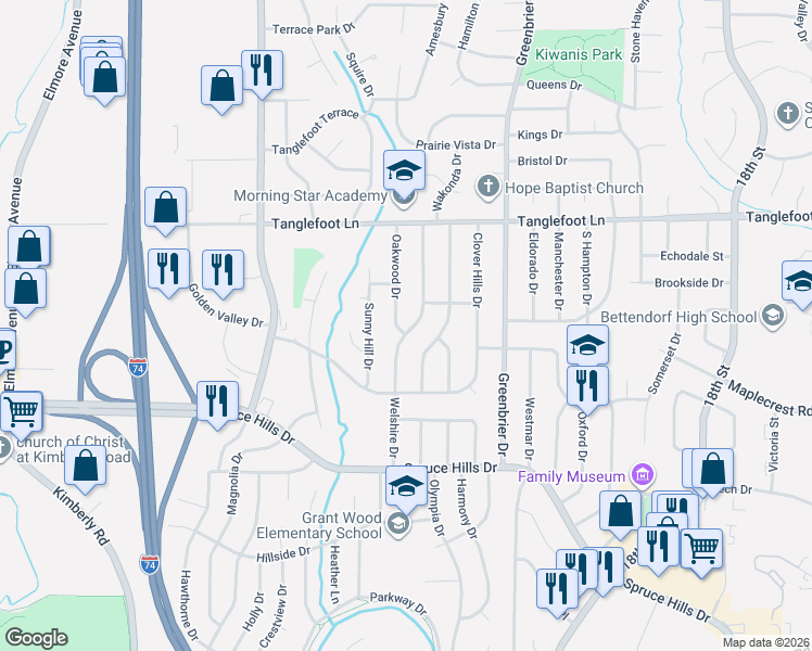 map of restaurants, bars, coffee shops, grocery stores, and more near 3416 Welshire Drive in Bettendorf