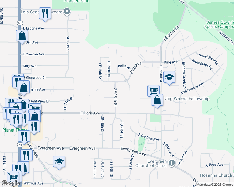 map of restaurants, bars, coffee shops, grocery stores, and more near 2933 Southeast 19th Street in Des Moines