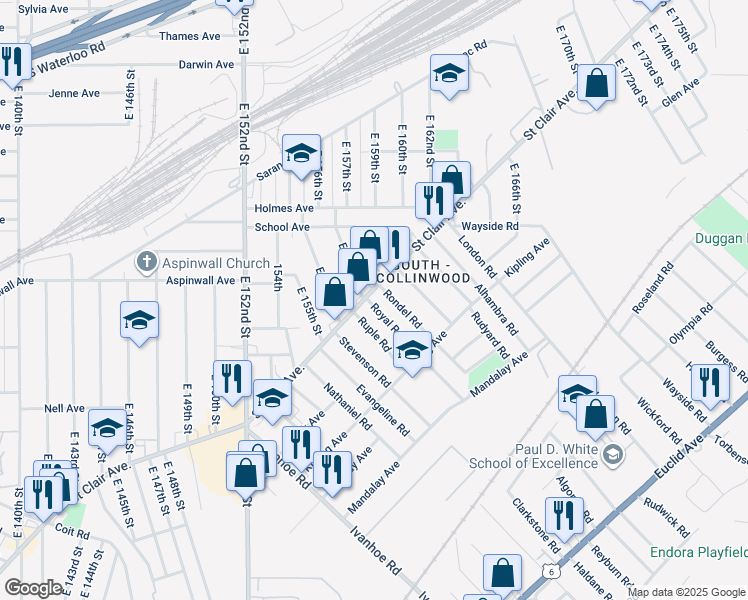 map of restaurants, bars, coffee shops, grocery stores, and more near 15706 Saint Clair Avenue in Cleveland