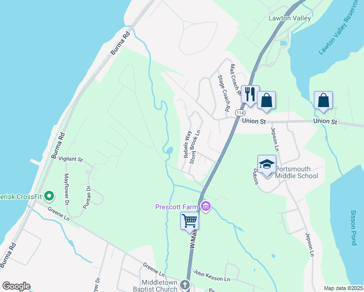 map of restaurants, bars, coffee shops, grocery stores, and more near 32 Rebels Way in Portsmouth