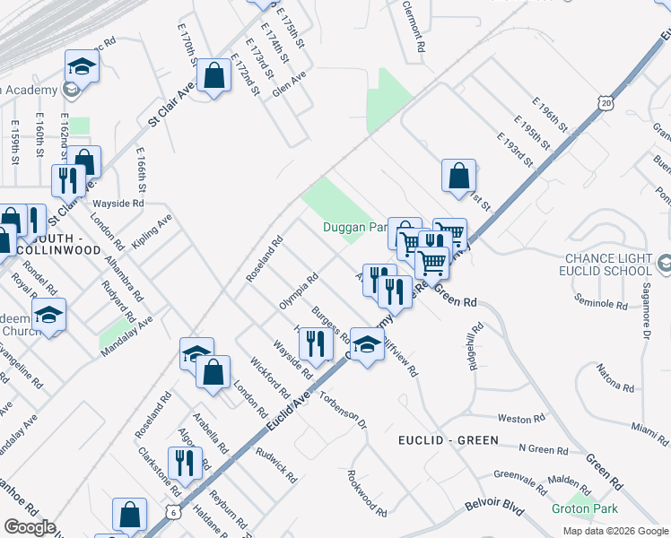 map of restaurants, bars, coffee shops, grocery stores, and more near in Cleveland