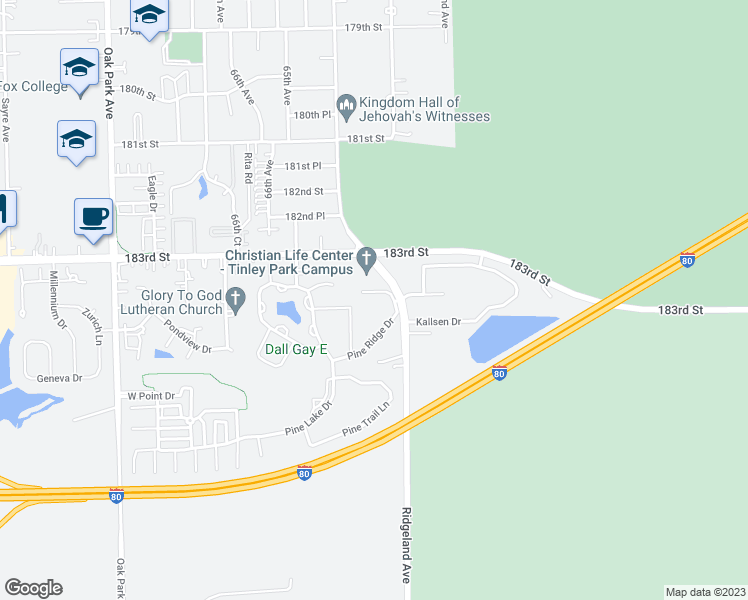 map of restaurants, bars, coffee shops, grocery stores, and more near 6321 Pine Ridge Court in Tinley Park