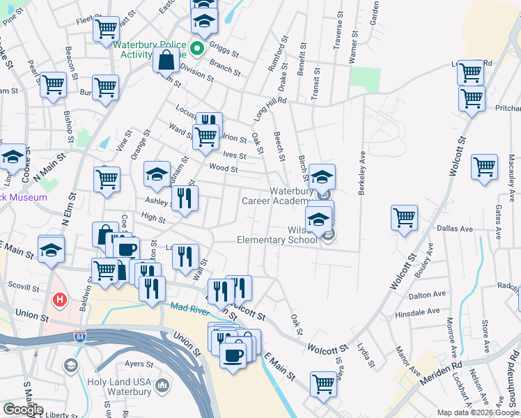 map of restaurants, bars, coffee shops, grocery stores, and more near 123 Shelley Street in Waterbury