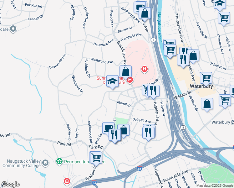 map of restaurants, bars, coffee shops, grocery stores, and more near 386 Robinwood Road in Waterbury