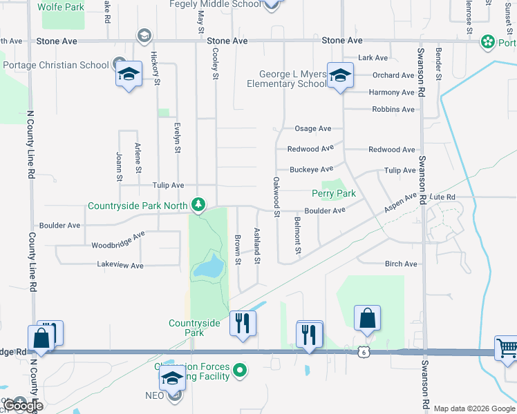 map of restaurants, bars, coffee shops, grocery stores, and more near 5358-5378 Boulder Ave in Portage