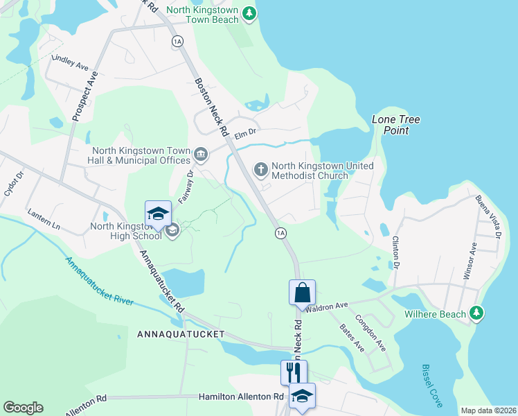 map of restaurants, bars, coffee shops, grocery stores, and more near 489 Boston Neck Road in North Kingstown