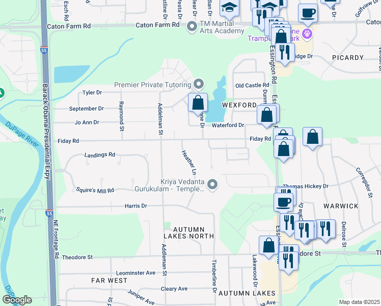 map of restaurants, bars, coffee shops, grocery stores, and more near 1926 Heather Lane in Joliet