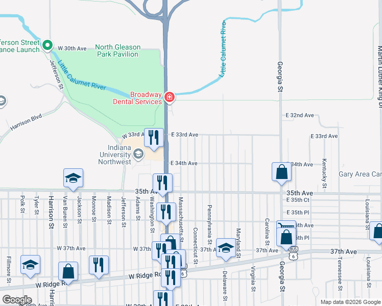 map of restaurants, bars, coffee shops, grocery stores, and more near 3360 Connecticut Street in Gary