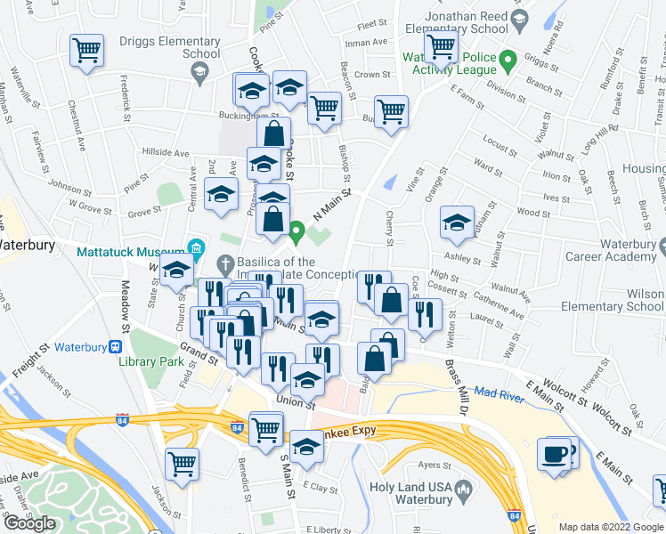 map of restaurants, bars, coffee shops, grocery stores, and more near 65 Kingsbury Street in Waterbury