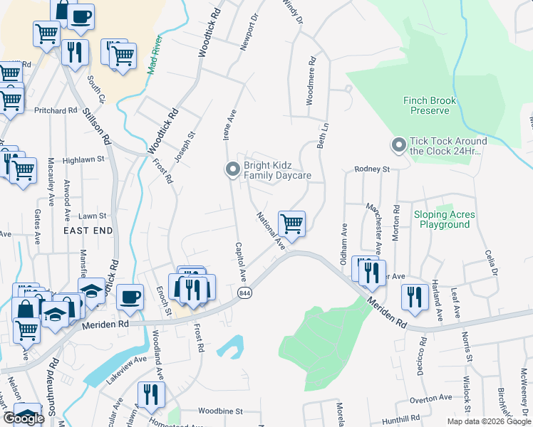 map of restaurants, bars, coffee shops, grocery stores, and more near 114 Coral Drive in Waterbury