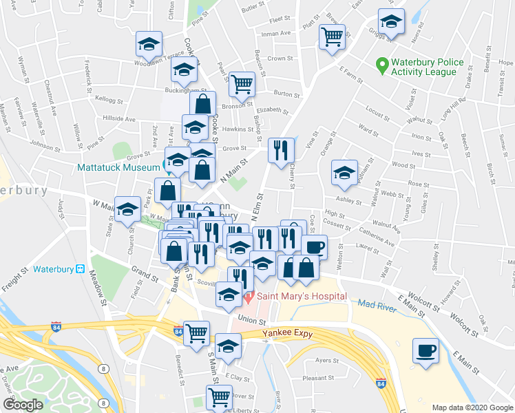 map of restaurants, bars, coffee shops, grocery stores, and more near North Elm Street in Waterbury