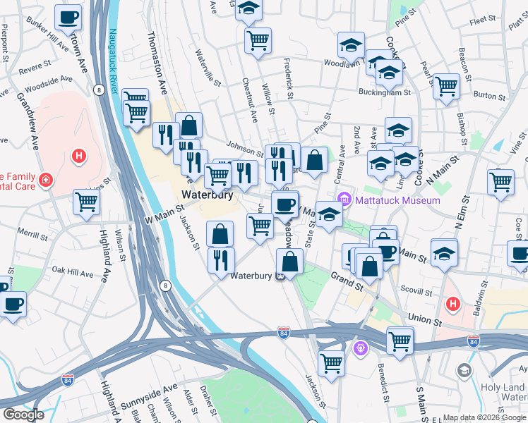 map of restaurants, bars, coffee shops, grocery stores, and more near 20 Judd Street in Waterbury