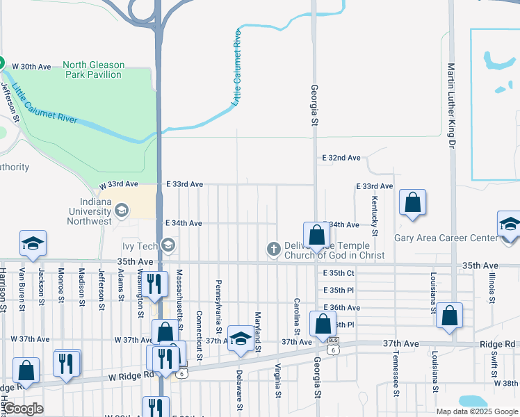 map of restaurants, bars, coffee shops, grocery stores, and more near 3357 Maryland Street in Gary