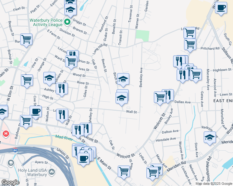 map of restaurants, bars, coffee shops, grocery stores, and more near 182 Birch Street in Waterbury