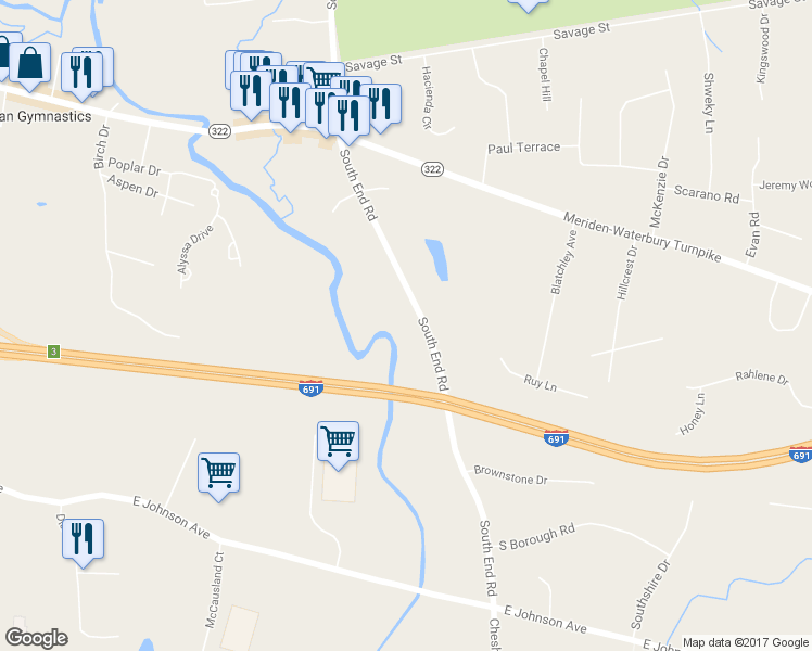 map of restaurants, bars, coffee shops, grocery stores, and more near 950 South End Road in Southington