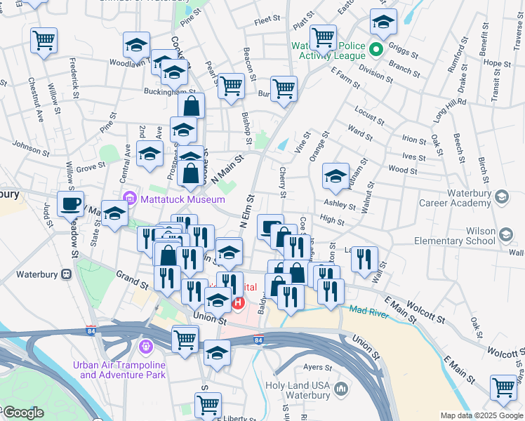 map of restaurants, bars, coffee shops, grocery stores, and more near 167 Maple Street in Waterbury