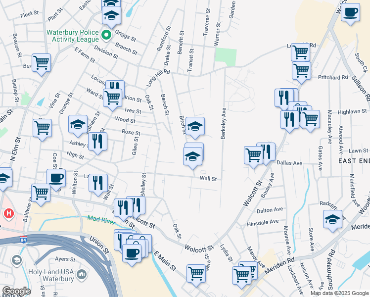 map of restaurants, bars, coffee shops, grocery stores, and more near 182 Birch Street in Waterbury