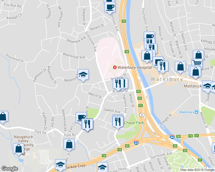 map of restaurants, bars, coffee shops, grocery stores, and more near 28 Grandview Avenue in Waterbury