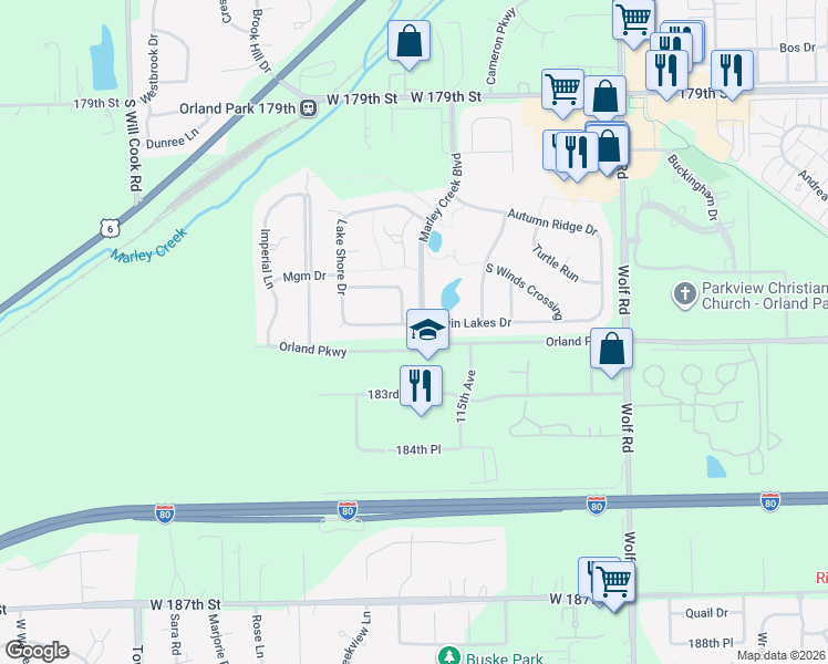 map of restaurants, bars, coffee shops, grocery stores, and more near 11527 Twin Lakes Drive in Orland Park