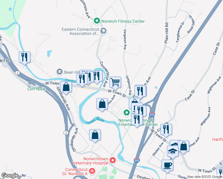 map of restaurants, bars, coffee shops, grocery stores, and more near 227 West Town Street in Norwich