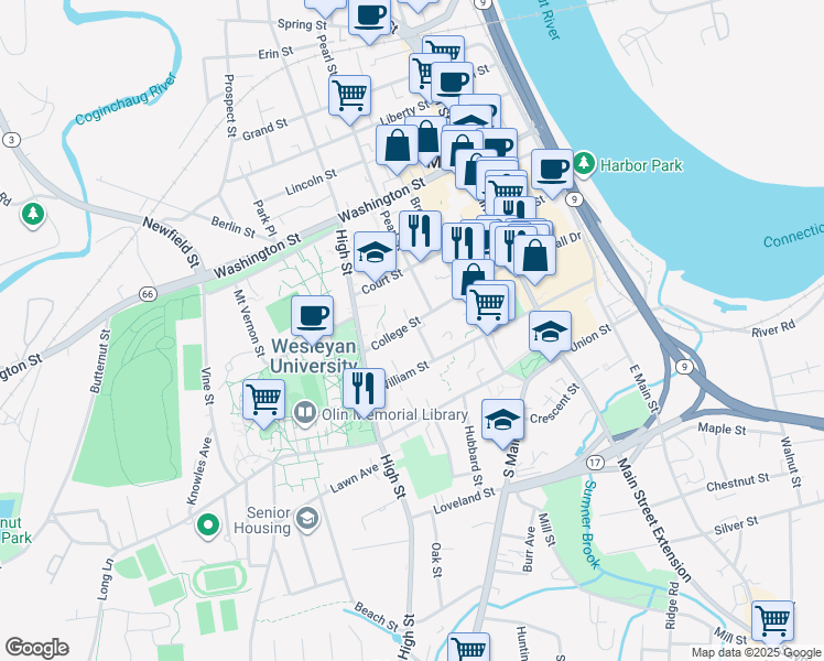 map of restaurants, bars, coffee shops, grocery stores, and more near 56 Hamlin Street in Middletown