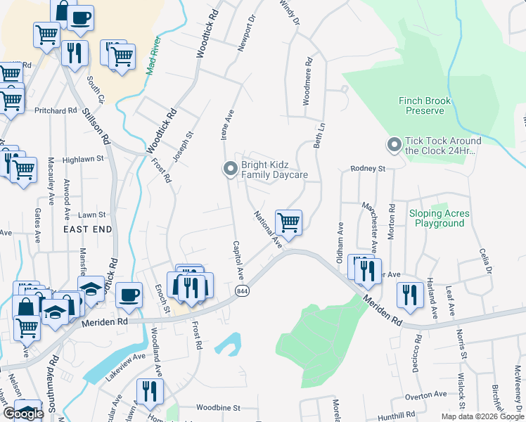 map of restaurants, bars, coffee shops, grocery stores, and more near 114 Coral Drive in Waterbury