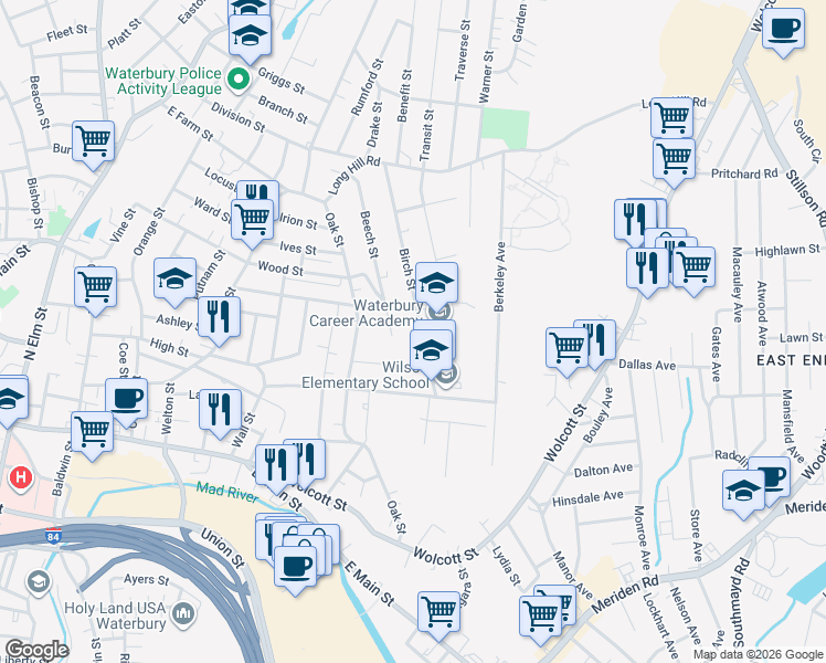 map of restaurants, bars, coffee shops, grocery stores, and more near 182 Birch Street in Waterbury