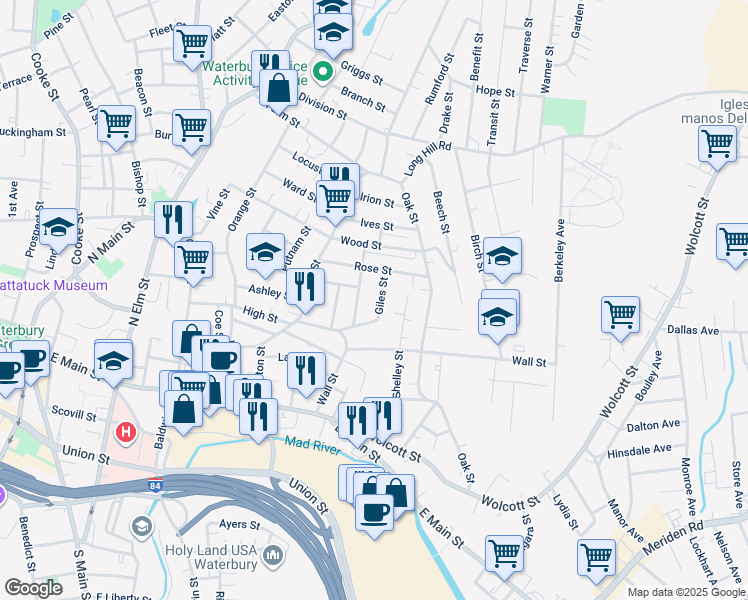 map of restaurants, bars, coffee shops, grocery stores, and more near 81 Giles Street in Waterbury